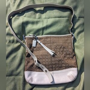 Coach Signature C Jacquard Brown Canvas w/ White Leather Crossbody Purse